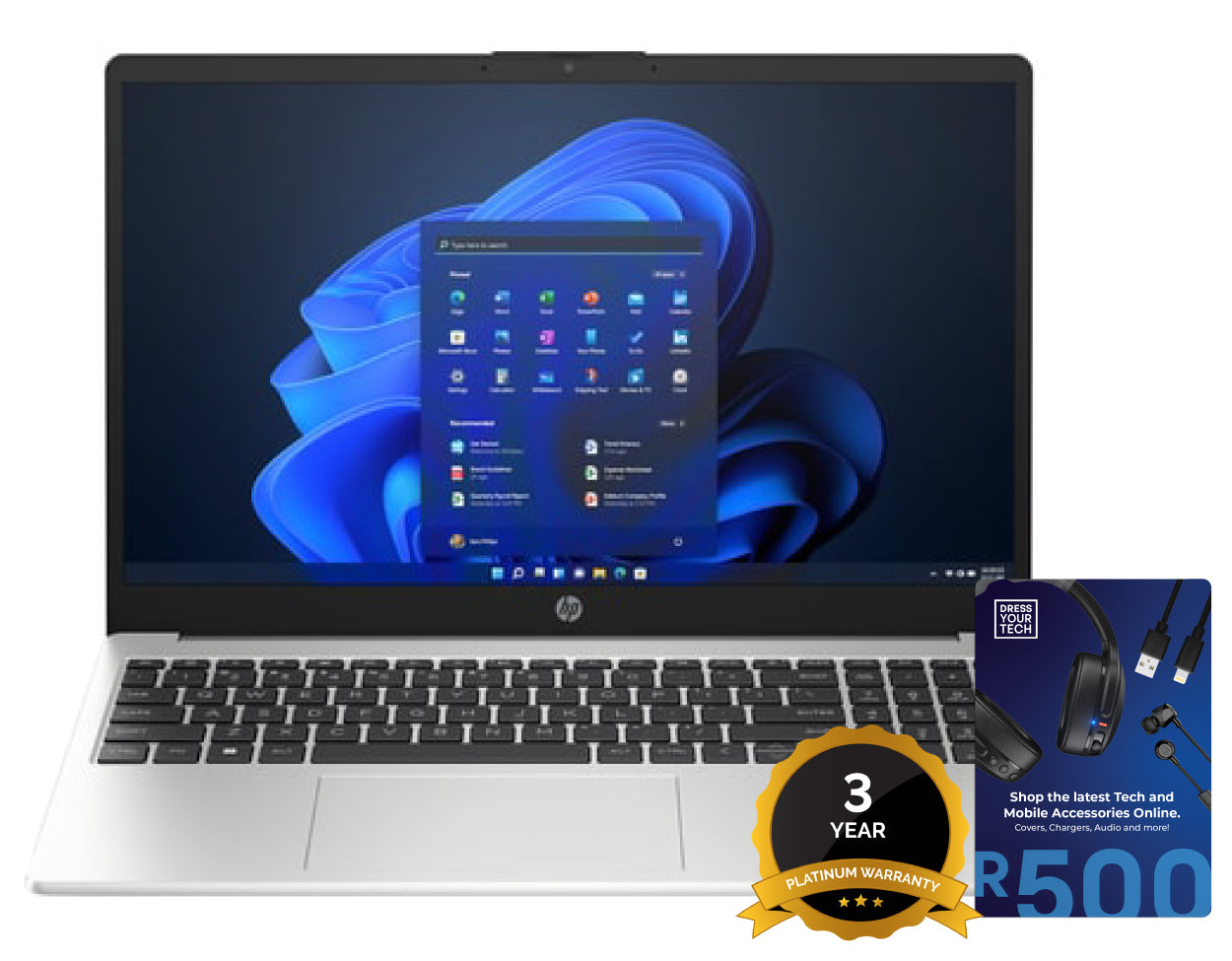 HP 255 G10 15.6IN RYZEN 3 7330U 8GB 512GB SSD WIN1H SILVER 3 year warranty and Dress Your Tech R500 voucher