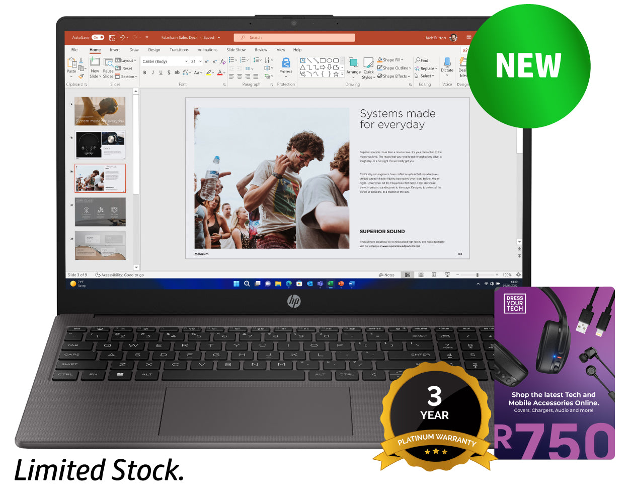 HP 250 Celeron, 8GB, 256GB 3 year warranty and Dress Your Tech R750 voucher